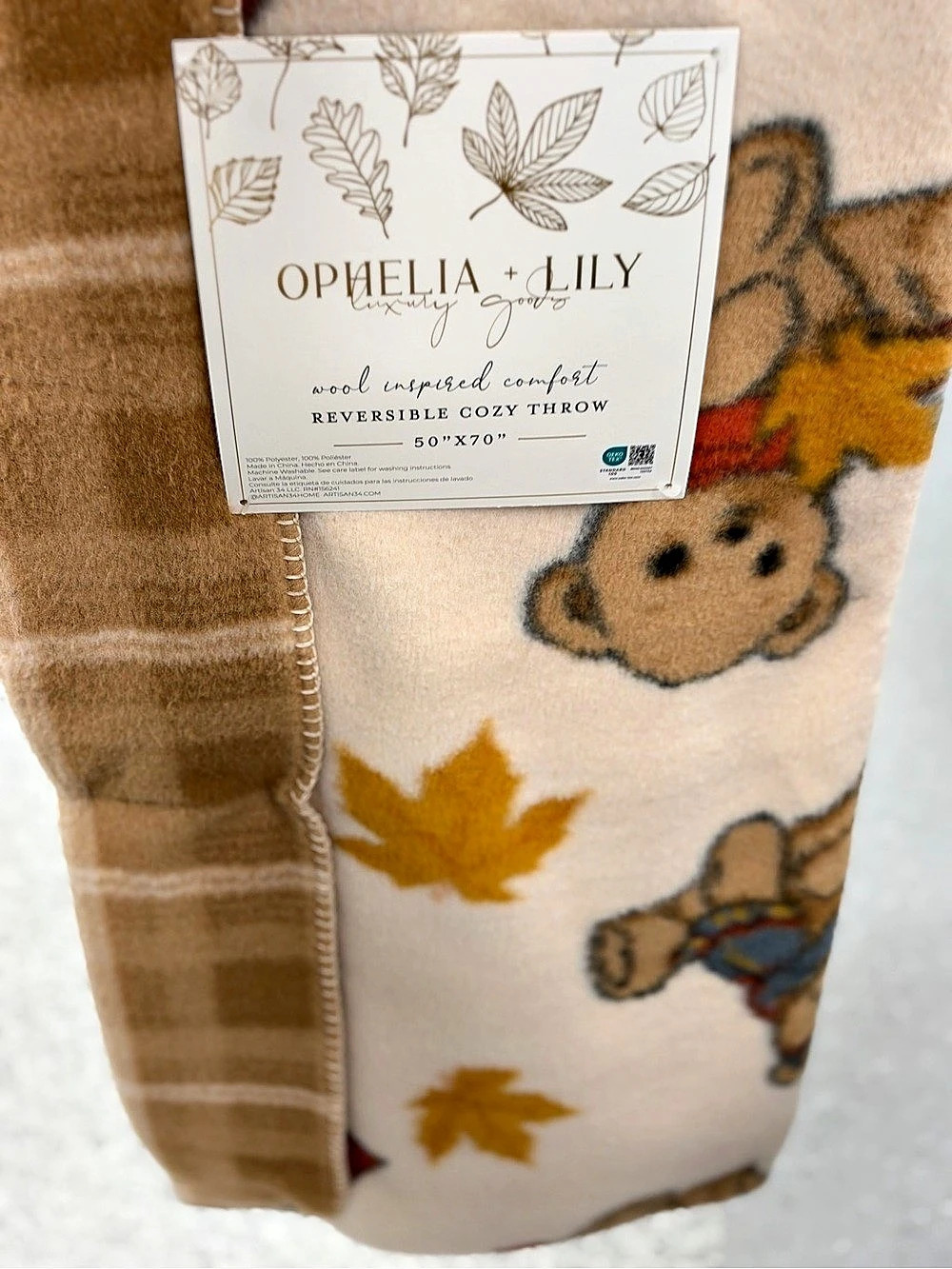 Ophelia + Lily Reversible Cozy Throw Cream & Brown NWT